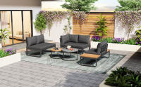 Conjunto de muebles de jardín (4-5 asientos), 2 mesas de centro apilables, estructura de hierro galvanizado, cómodos muebles de jardín, cojines de asiento grises y almohadas incluidos, con patas regulables - details 0