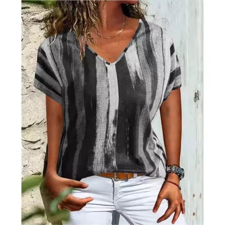 Camiseta Estampada 3D a Rayas Moda Casual Vintage para Mujeres Cuello en V Manga Corta - 1