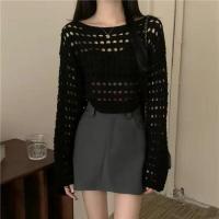 Camiseta Vintage ahuecada, suéter de punto informal, camiseta holgada Y2K, suéter fino con cuello redondo, jerséis de otoño, ropa de calle de moda - details 1