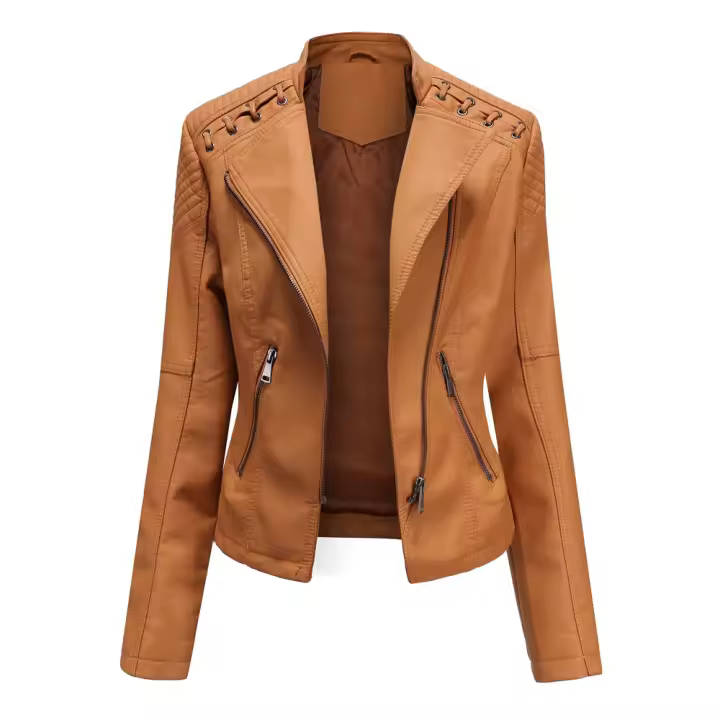 Chaqueta de Mujer de Cuero Sintético Estilo Biker Varsity Casual Ligera para Exterior Abrigo Corto de Moda para Otoño/Invierno Cierre de Cremallera Forro de Poliéster - 1