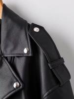TRAFZA, chaquetas de cuero para mujer de primavera, cuello vuelto, charretera con remaches, abrigo de motociclista con cremallera, prendas de vestir holgadas de cuero suave de imitación para mujer de otoño - details 3