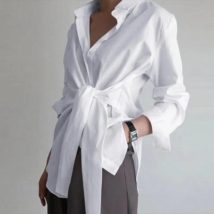 Blanca Slim Para Mujer Moda Tops Oficina Blusa Larga Manga Suéter Fruncido Cuello En V Tacón Casual Poliéster - 1