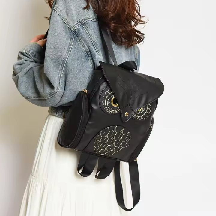 Mochila Elegante y Fresca de Cuero PU Negro con Diseño de Búho Bolso para Mujer, Mochila para Niñas - 1