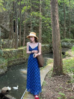Vestido con tirantes de rejilla de diamantes y cuello en V de cintura alta versión coreana con cintura ceñida para mostrar las piernas, pajarita, chaleco de verano, largo - details 6