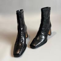 Piel de oveja completa rayada a mano nueva cabeza cuadrada tacones altos franceses delgados - details 10