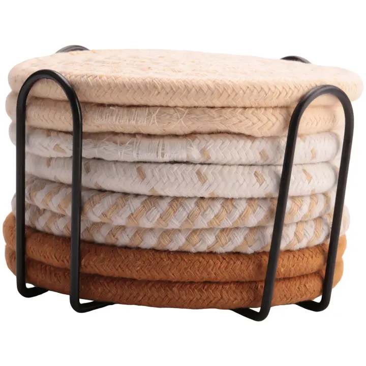 8 Pcs Drink Coasters with Holder, 4 Colors Absorbent Coasters for Drinks, Cotton Woven Coaster Set for Home Decor A - 1