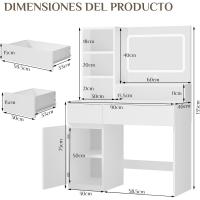 Tocador de Maquillaje Moderno con Espejo Grande y Luces LED Brillo Ajustable, 3 Estante Abiertos, 2 Cajones y Armario Lateral Ideal para Dormitorio Blanco - details 2