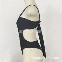 2025 nuevo bikini sexy de color sólido con cordones de una pieza con traje de baño negro ahuecado sin espalda para mujer - details 27