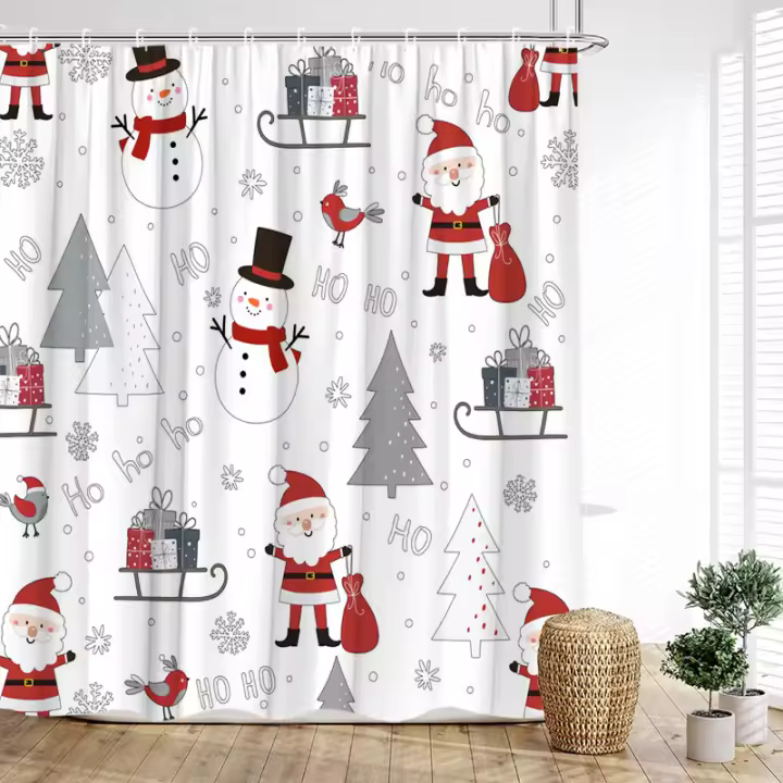 Lindo hombre de jengibre cortinas de ducha de Navidad campanas de copo de nieve árbol de Navidad bayas rojas decoración de cortina de baño de Año Nuevo con ganchos - 1