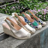 Patrón de piel de serpiente europea y americana, sandalias de cáñamo con tacón de cuña, bolsa de verano para mujer, sandalias vacías traseras de cabeza, zapatos de mujer de tacón alto de gran tamaño - details 10