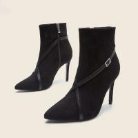 Botines negros grandes para mujer, botas cortas puntiagudas de tacón alto, cremallera con logo, moda occidental otoño primavera - details 0
