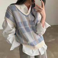 Chaleco de Cuadros Vintage Cuello en V, Ajuste Suelto, Moda Coreana de Punto para Mujer Otoño-Invierno - details 4