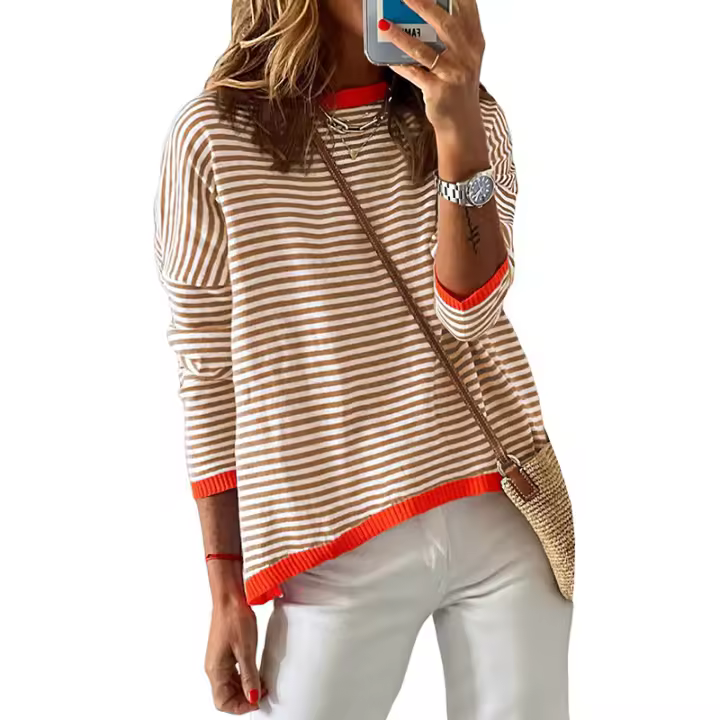 Camiseta casual de manga larga para mujer, top con cuello redondo, camiseta con rayas en contraste - 1