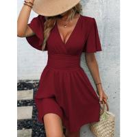 Novedad de verano Vestido plisado de color liso con mangas acanaladas y cuello en V profundo - details 2