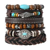 Conjunto de 6 pulseras boho madera cuentas vintage cabeza de toro ojos plumas multicapa artesanales regalos para hombre - details 11