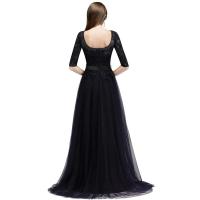 Vestidos de noche Escote redondo en gasa, elegantes apliques de tul de media manga para fiesta formal, hasta el suelo, sin espalda con - details 10