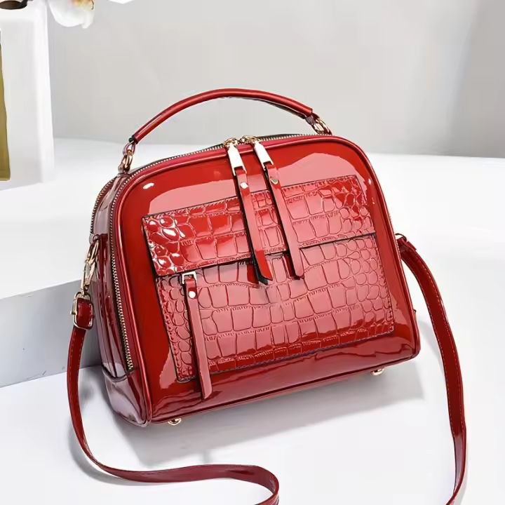 Bolso elegante de charol con patrón de cocodrilo, estilo retro, bolso de hombro cuadrado vintage, bandolera de piel sintética ajustable - 1