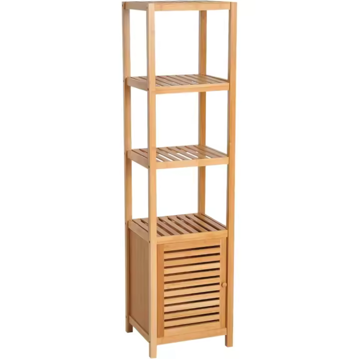 36x33x140cm Estantería de Bambú para Baño Armario Alto Librería Organizador 4 Niveles 1 Puerta - 1