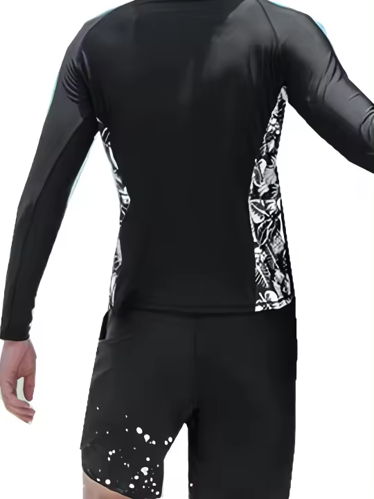 Conjunto De Traje De Surf Para Hombres, Camiseta De Compresión De Manga Larga, Cuello Redondo Y Alta Elasticidad, 3 Piezas - 1