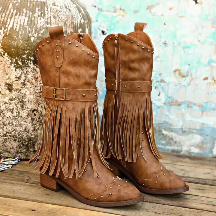 Botas de caballero para mujer a la moda de otoño, botas largas de tacón bajo, botas retro martin con borlas para mujer - 1