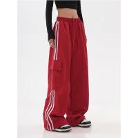 Pantalones de chándal rojos holgados informales de pierna ancha para mujer, ropa de calle de cintura alta, pantalones Cargo, pantalones Hippie para correr, ropa de primavera 2024 - details 1