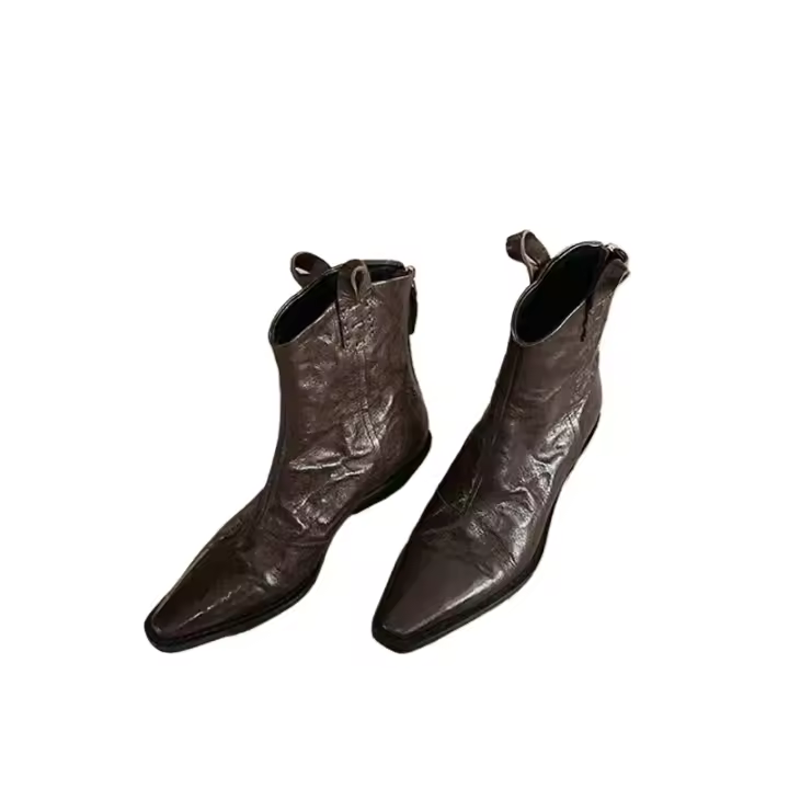 Elegante punta V-boca retro denim botas delgadas tacón grueso arrugado botas cortas occidentales - 1