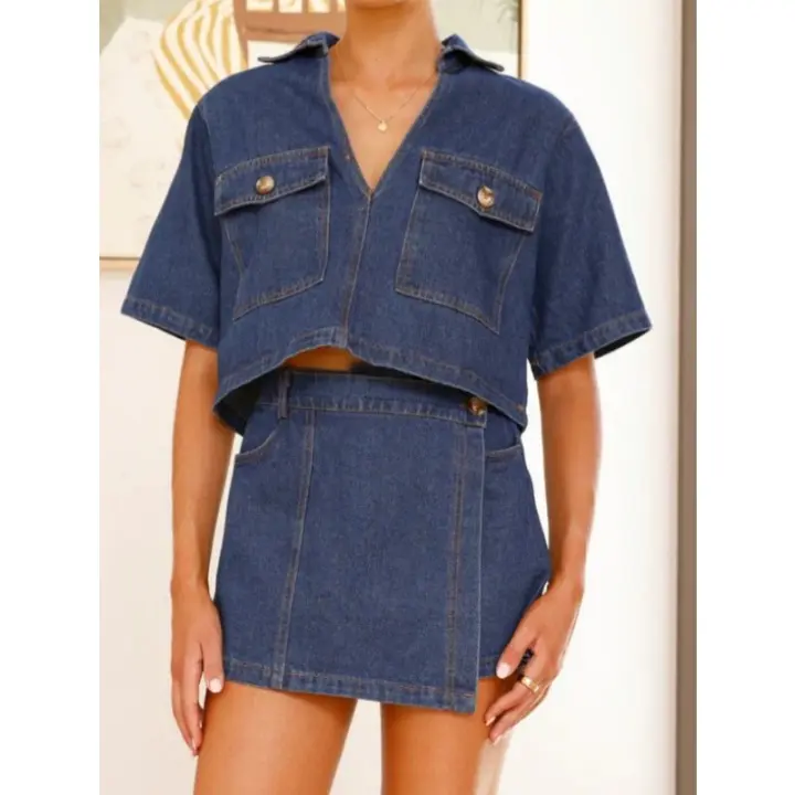 2025 Verano Vestidos de Mujer, Cuello en V Manga Corta Traje de Denim Irregular Suelto, Falda Pantalones Cortos - 1