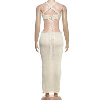 BUNO-Conjunto de 2 piezas fruncido de ganchillo de gato extraño para mujer, Tops irregulares con espalda descubierta y vendaje cruzado + faldas largas lisas, trajes de estilo playero para - details 19