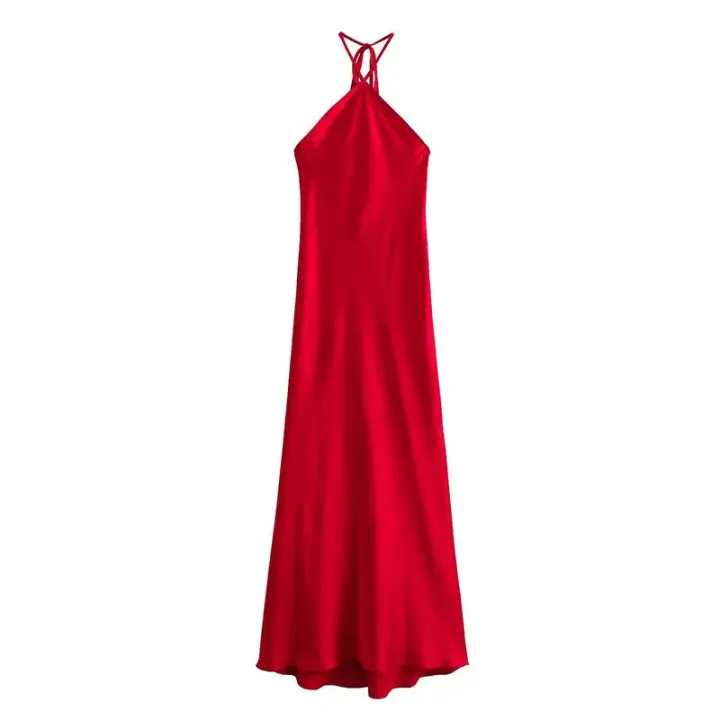 TRAFZA-vestidos de moda de verano para mujer, Color sólido, sin mangas, Espalda descubierta, decorados, con cordones, Vintage, Chic, largos - 1