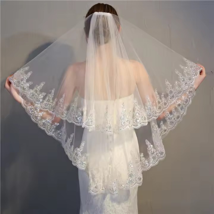 Velo de doble capa, accesorios de vestido de novia, exquisito borde de encaje de lentejuelas, velo de novia para estudio fotográfico, tocado de boda - 1