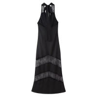 OUWU- Moda Mujer Sexy Slim Encaje Empalme Ver A Través Halter Vestido Francés Negro Sin Mangas Cuello Vestido Fiesta Bata - details 2
