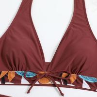 Bikini abierto con estampado de hojas retro en talla grande, conjunto de traje de baño de dos piezas con correas estables para mujer - details 38