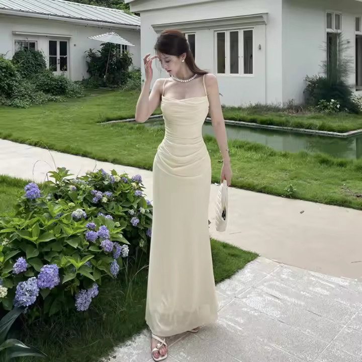 Vestido de malla con cuello halter y tirantes para mujer, verano puro deseo viento, temperamento simple, vestido CF25142GNG - 1