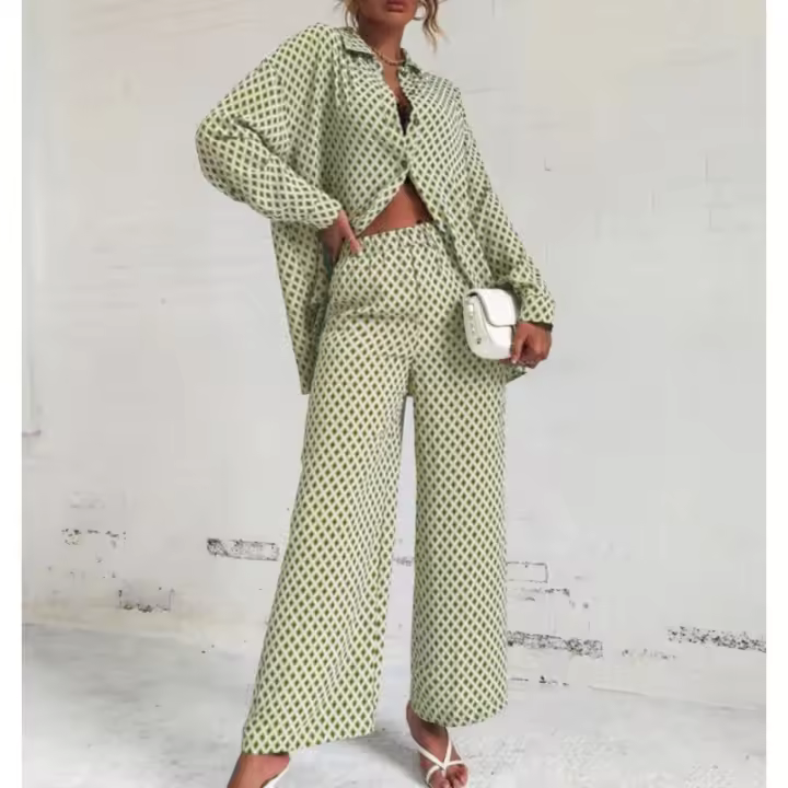 Conjunto 2025 Camisa extragrande y pantalones estampados para mujer, estampado completo, manga larga, estilo urbano - Pantalones de moda, estampado, manga, - - 1
