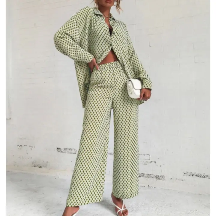 Conjunto 2025 Camisa extragrande y pantalones estampados para mujer, estampado completo, manga larga, estilo urbano - Pantalones de moda, estampado, manga, - - 1