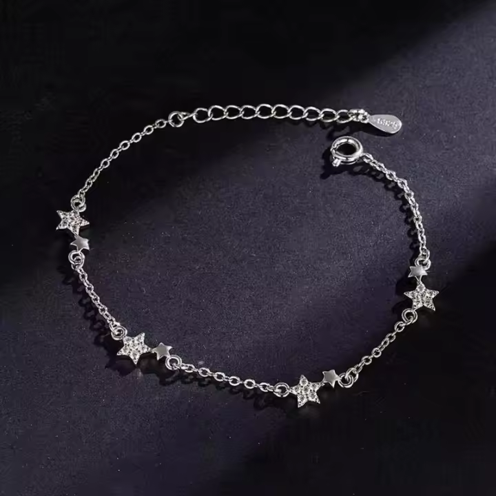 S999 Estrella de diamante brillante de plata pura para mujer, pulsera de estudiante Bestie de estilo forestal con personalidad de nicho Simple, diseño fresco - 1