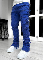 Pantalones vaqueros rasgados para hombre ，Vaqueros rectos ceñidos con borlas，Adecuado para deportes callejeros Casuales - details 2