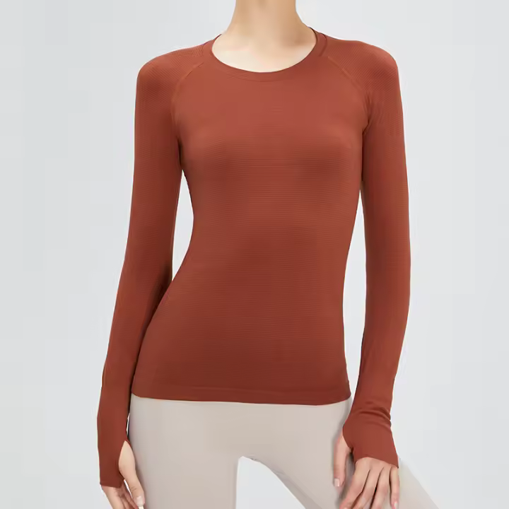 Camiseta deportiva de manga larga para mujer, tejido elástico, transpirable, Color sólido, cuello redondo, Yoga, Top deportivo sin costuras - 1