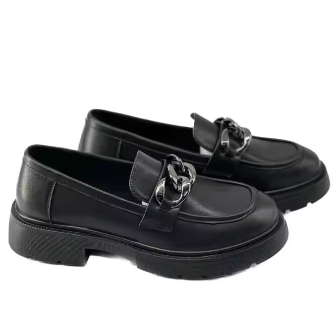 Mocasines personalizados con punta redonda, zapatos mocasines gruesos de 3cm para mujer, color negro y marrón, hebilla de zapato de metal - 1
