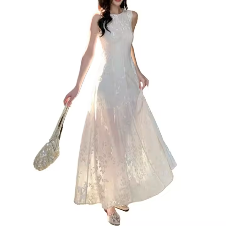 Moonlight Goddess: Vestido blanco de gasa para las vacaciones de primavera de los niños y falda con pellizcos en la cintura - 1