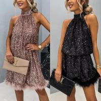 Vestido de noche para mujer, estilo halter, sin espalda, vestido corto de lentejuelas brillantes con plumas para fiesta, club, verano - details 1