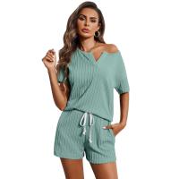 Pijama de punto jacquard para mujer, decoración del hogar, pantalones cortos de manga corta, conjunto de 2 piezas, primavera/verano - details 12