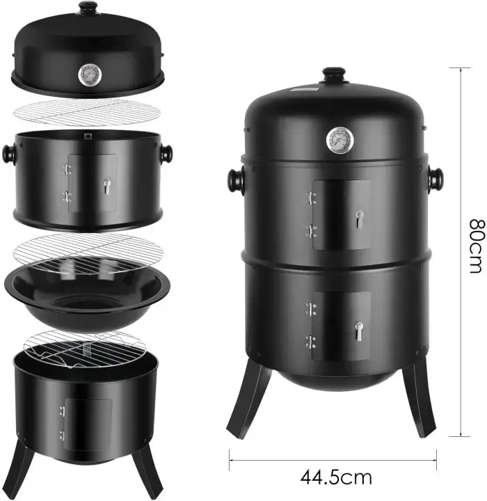 Horno ahumador, ahumador de agua con barril ahumador de carbón para parrilla 3 en 1, barbacoa redonda para fumar con tapa y termómetro, 2 rejillas de acero inoxidable - 1