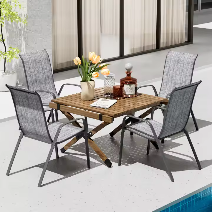 Juego de 4 sillas de exterior apilables para patio, silla de comedor de textileno, estructura de metal apilable, peso de carga 150 kg, negro, marrón, gris - 1