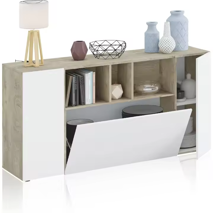 Buffet para salón, Armario Auxiliar, Modelo Loira, Acabado en Roble Alaska y Blanco Artik, Medidas - 1