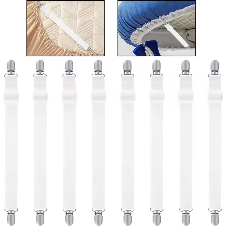 8 clips de sábanas, cierres ajustables para sábanas, correas elásticas para sábanas, clips de tirantes, pinzas de sábanas resistentes, fundas de colchón blancas para esquinas - 1