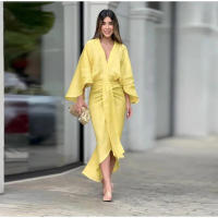 Vestido Midi plisado de manga acampanada para mujer, elegante, liso, con cuello en V, cintura alta, ajustado - details 10