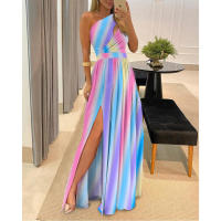 Vestido largo de hombro oblicuo para mujer, sin mangas, cintura alta, vestido dividido, vestido Swing grande, Nuevo - details 6