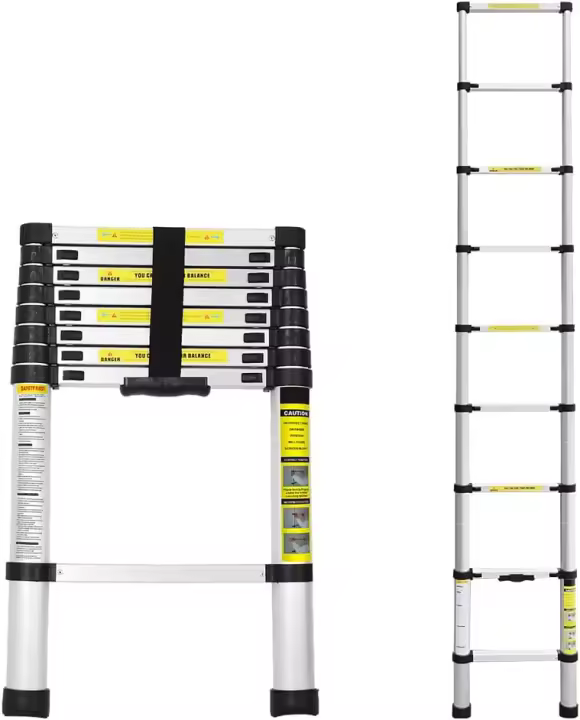Escalera telescópica plegable de aluminio, 3,8 m (1,9 m + 1,9 m), escalera extensible con estabilizadores, portátil, marco en A, escalera de pie antideslizante, carga máxima de 150 kg (plata) - 1