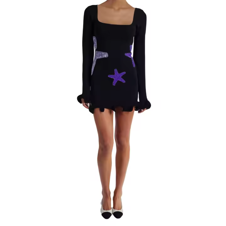 Mini vestido de manga larga para mujer de principios de otoño, cuello cuadrado, purpurina, estrella de mar, dobladillo con volantes, prendas de punto, vestido ajustado, vestidos de trabajo informales - 1